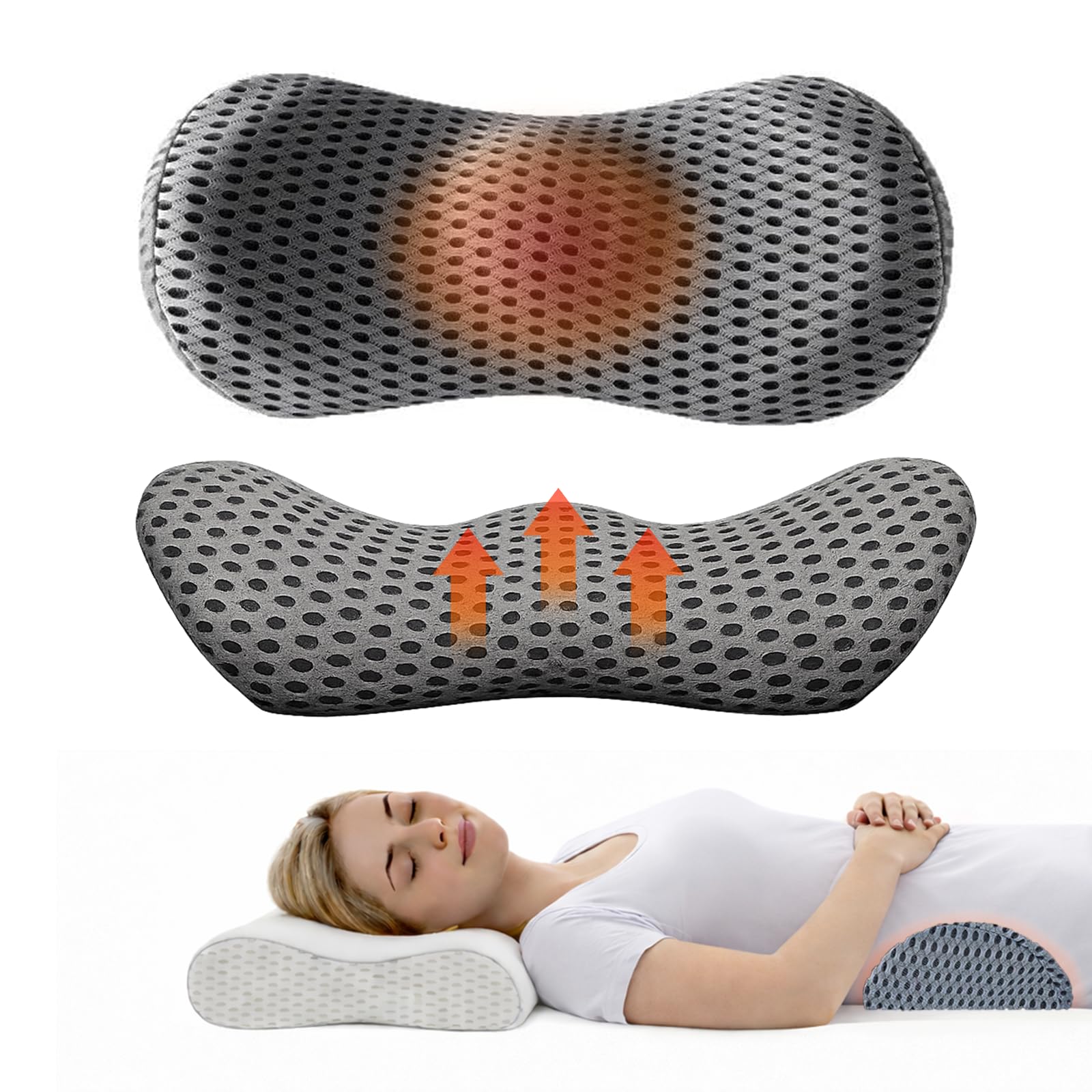 SUDAHIA Electric Lumbar Support Pillow for Bed and Chair, Triple Fusion Back Massager with Heated, Vibration and Traction for Lower Back Pain Relief and Spine Support (Silver)