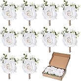Apausvcm 10Pcs White Rose Boutonnieres for Men, Groom Groomsmen Artificial Flowers Boutonniere Pocket Boutonniere Corsages for Wedding Ceremony Anniversary Prom Formal Dinner Party