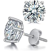 Screw Back Moissanite Stud Earrings for Wmen Men, 925 Sterling Silver 18K White Gold Plated, Hypoallergenic Tarnish Resistant, Brilliant Jewelry Valentines Day Gifts Birthday