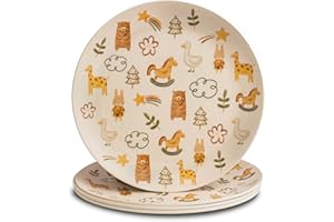 Nook Theory 4 Pack Reusable Bamboo Plates - Non-Toxic Toddler and Kids Plate, Dishwasher Safe, Not Microwavable Dinnerware (W