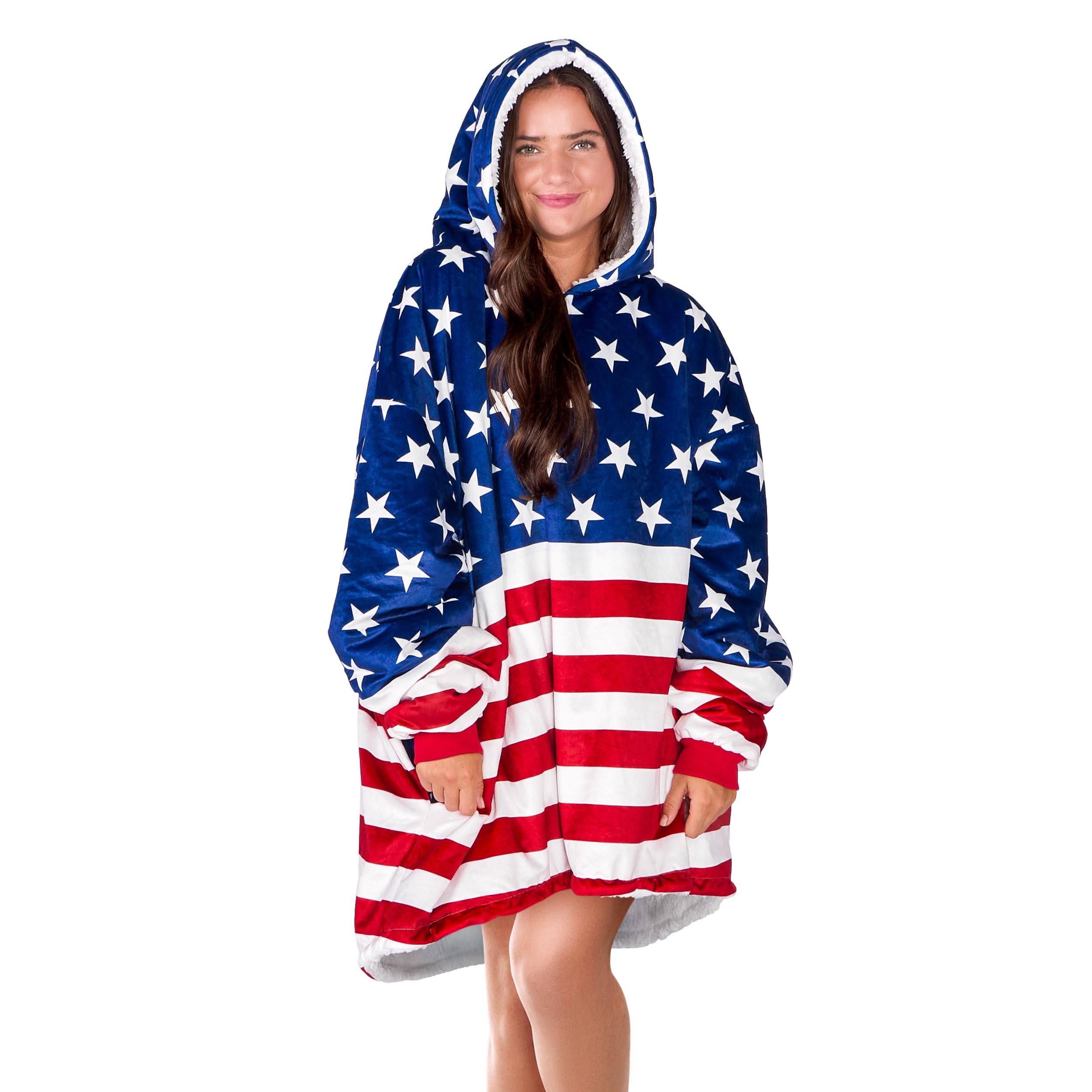 Bare Home Sherpa Fleece Wearable Blanket - Oversized Wearable Blanket Hoodie - Adult Size - Warm & Cozy - Soft Blanket - Comfortable Blanket Sweatshirt with Two Zipper Pockets (Adult, Flag) Image