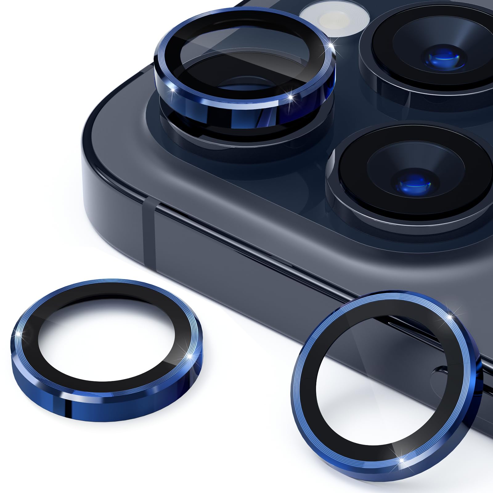 imluckies Camera Lens Protector for iPhone 15 Pro/iPhone 15 Pro Max, 9H Tempered Glass & Anti-Scratch Metal Individual Ring Lens Cover, HD Clear Camera Accessories [No Affect Photo Quality], Blue