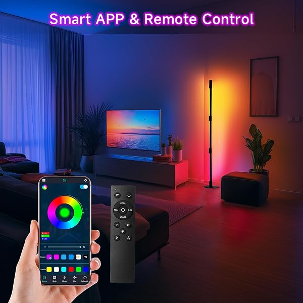 SANBEN CORNER FLOOR LAMP – BLACK RGB LED FLOOR LAMP WITH MUSIC SYNC AND 16 MILLION DIY COLORS, APP & REMOTE CONTROL, COLOR CHANGING MODERN SMART CORNER LAMP FOR BEDROOM LIVING ROOM