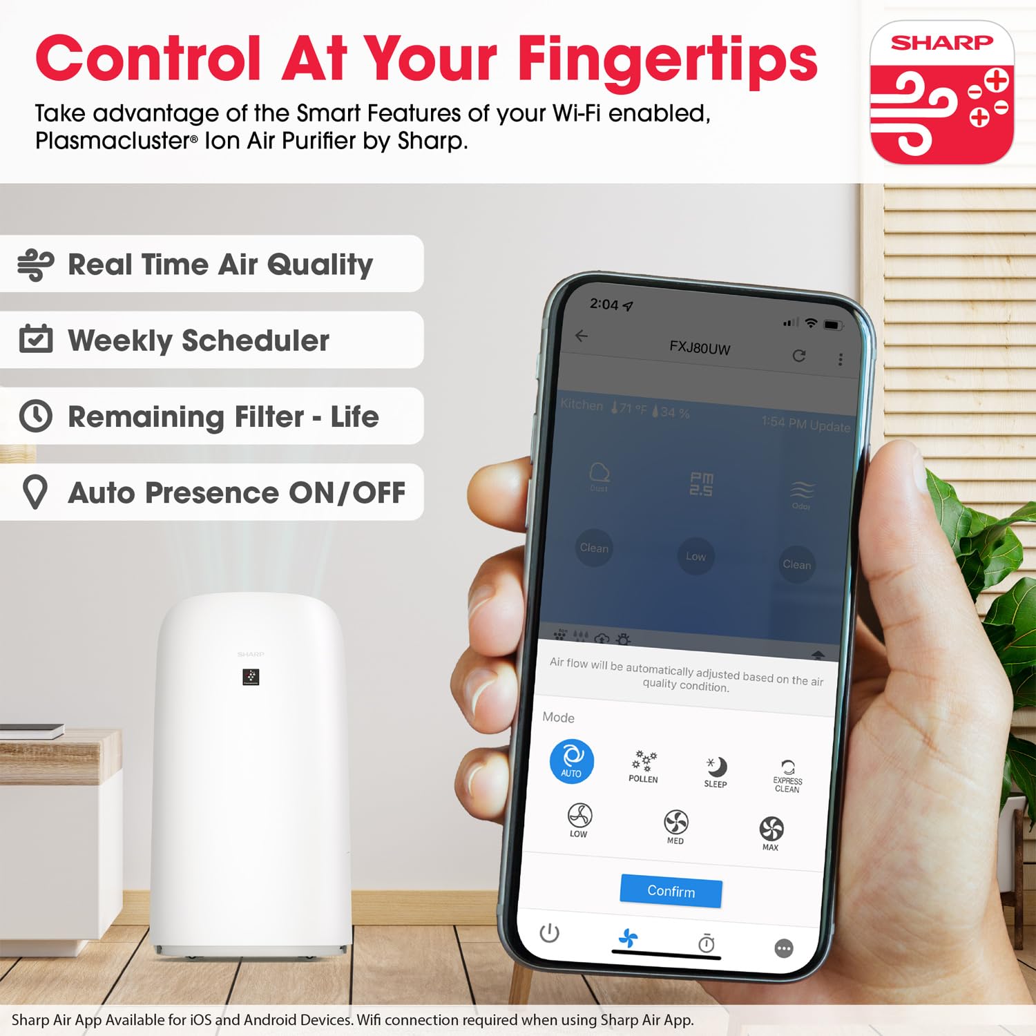 SHARP Smart Air Purifier Compatible w/Alexa. Plasmacluster Ion Technology and Triple Filtration, including True HEPA Filter. Covers up to 2,430 sq ft for XL Rooms, for Dust, Smoke & Pollen. FXJ80UW