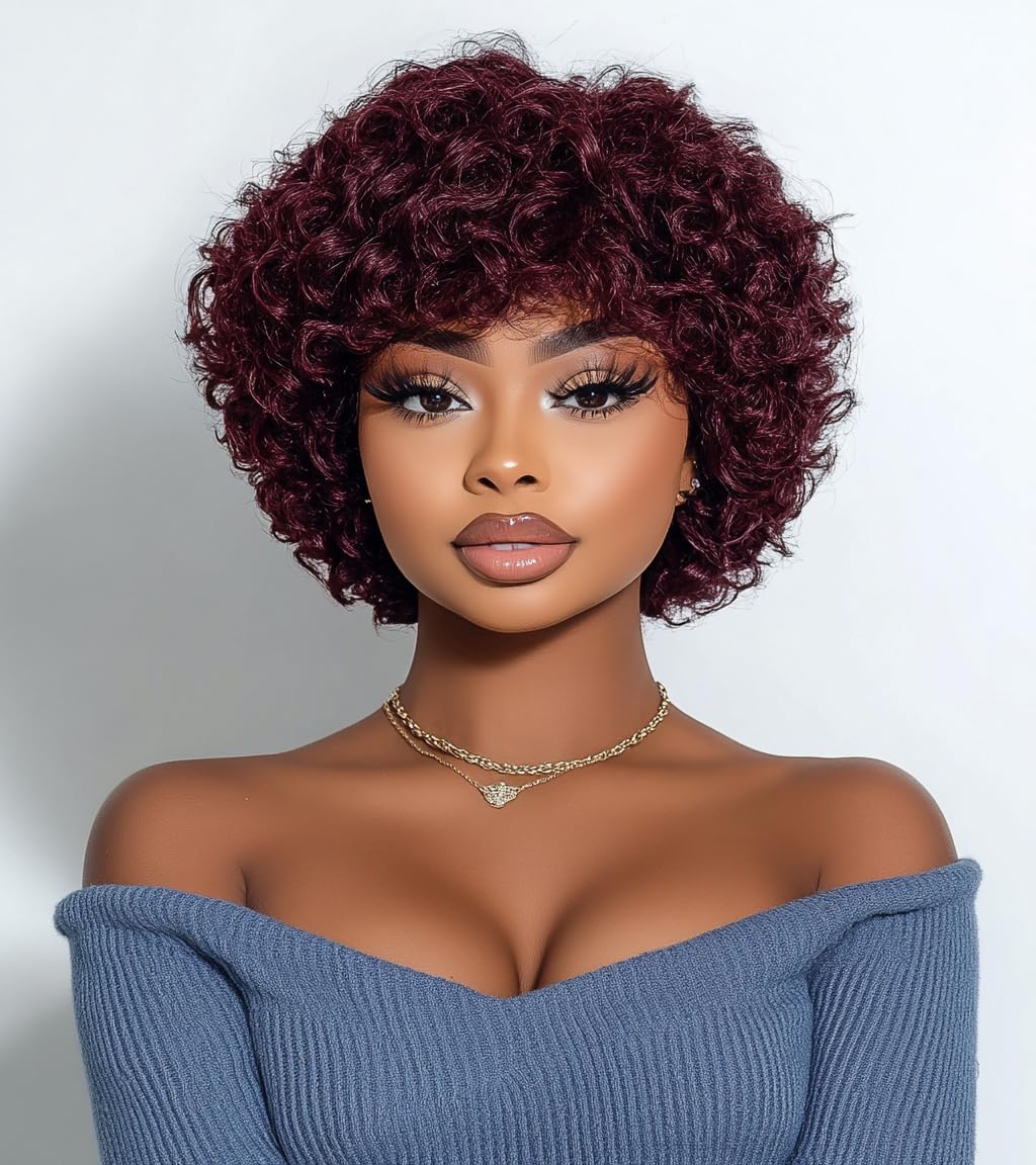 DÉBUT Short Curly Wig 100% Human Hair Wigs For Women Red Afro Curly Wig with Bangs Pixie Cut Wig Brazilian Remy Hair (8 inches, 99J)