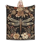 Qycazzw Vintage Dragonfly Blanket Gifts for Women Girls Kids, Floral Throw Blankets, Soft Cozy Flannel Throws for Sofa Couch Bedroom Decor 50x60in