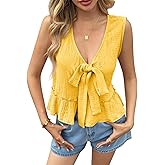 Cicy Bell Womens Babydoll Tank Tops V Neck Bow Tie Front Sleeveless Summer Shirts Sexy Peplum Flowy Flared Tops