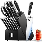 KnifeSaga Knife Set 15 Pcs High Carbon Stainless Steel Kitchen Knife Sets with Block & Sharpener, Premium Razor-Sharp Black Knives Block Set for Kitchen, Ergonomic Full-Tang Handle