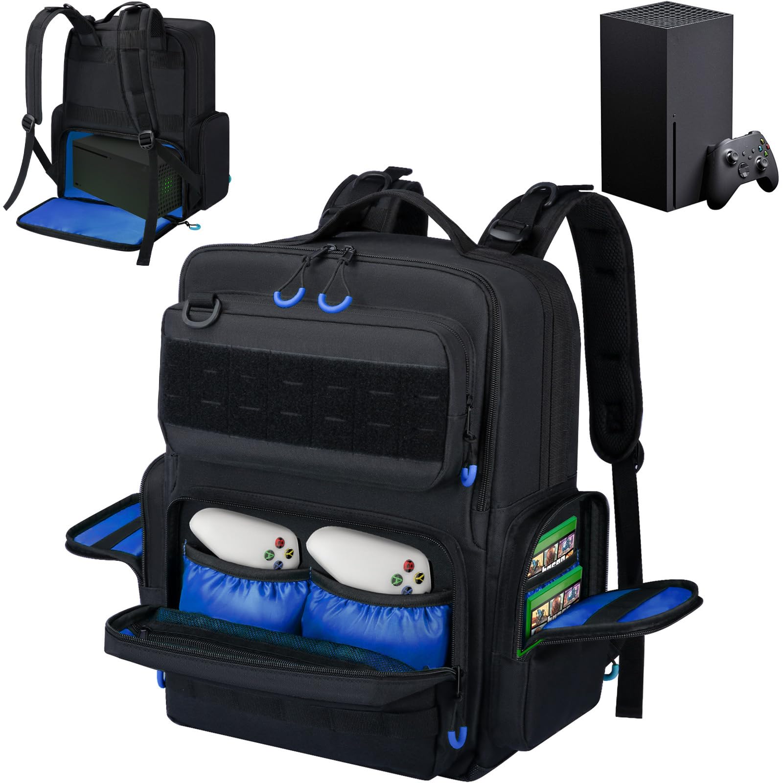 Wigojoy Travel Carrying Case Compatible with Xbox Series X/S, Multiple Pockets of Storage Space Tactical Portable Backpack , Accommodates 15.6'' Laptop and Other Xbox Accessories, Blue