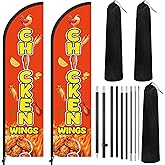 Remagr 2 Set Chicken Wings Feather Flag 8 ft Swooper Flag Kit for Advertising Chicken Banner with Flagpole and Ground Stake for Outside Businesses Restaurants Fairs
