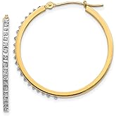 14k Yellow Gold Hoop Earrings for Women with Channel Set White Stones, Diamond Cut Accents, Sleek Round Design, Lightweight Polished Finish, Elegant Fashion Fine Jewelry for Everyday Wear 27x2 mm