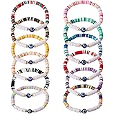 Ornaland 12 Pcs 12 Colors Evil Eye Beaded Bracelets Set Heisih Polymer Clay Stretch Surfer Bracelets Multilayer Stackable Mixed Color Beads Bracelets for Summer Beach
