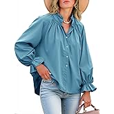 Tankaneo Womens Puff Long Sleeve Button Down Shirts Pleated V Neck Cotton Blouses Loose Fit Casual Ruffle Tops
