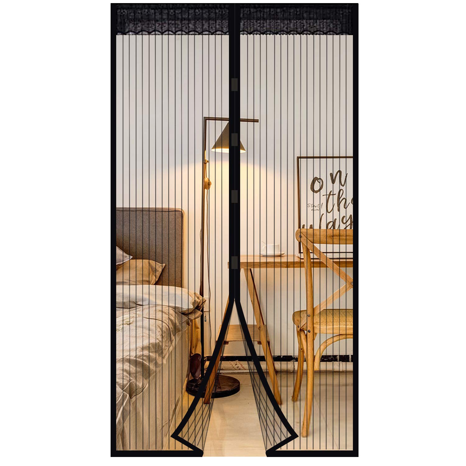 Magnetic Screen Door, Polyester Magnetic Door Fly Screen Curtain Magic Paste Curtains Super Quiet Stripes Encryption for Anti Mosquito or Anti Pest Magnetic Soft Door(Black, 100 x 220 cm)