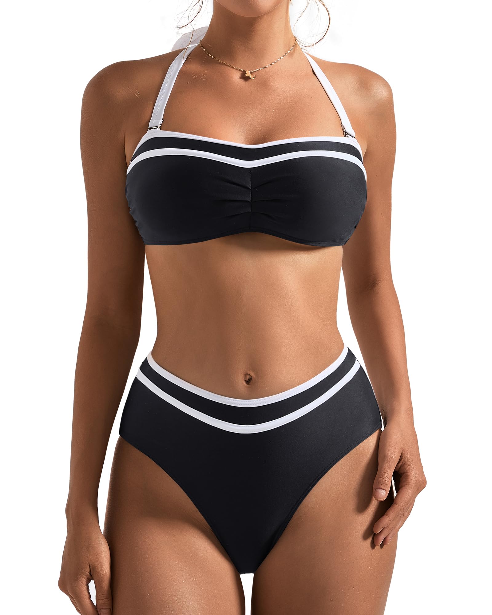 Photo 1 of SUUKSESS Women Sexy High Waited Bandeau Bikini Sets Halter High Cut Two Piece Swimsuit Colorblock Push Up Bathing Suit?Black,XL