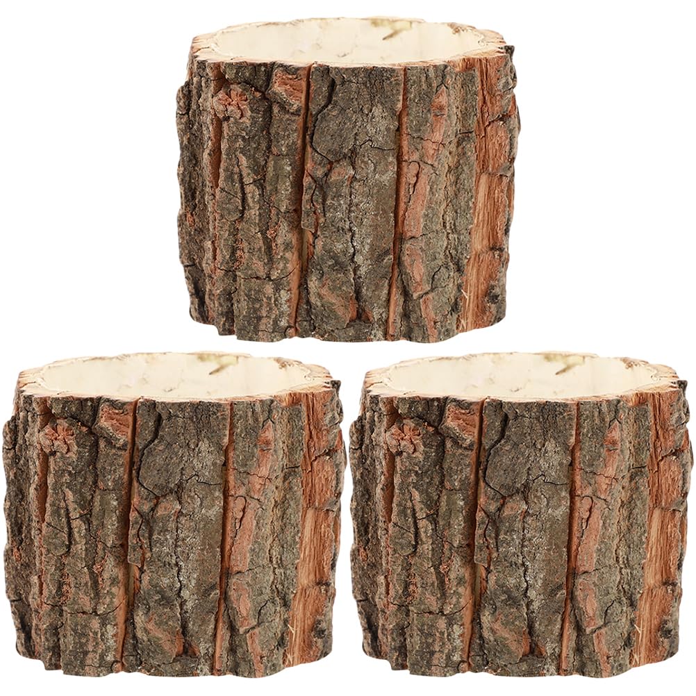 Operitacx Waterproof Bark Flower Pot 3.54 Inch Rustic Wooden Planter Bucket for Indoor Outdoor Garden Use Natural Wood Log Plant Container