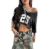QJQ Jersey Shirts for Women Y2K Crop Tops Streetwear V Neck Half Sleeve Graphic T Shirts Football Soccer Tee Tops