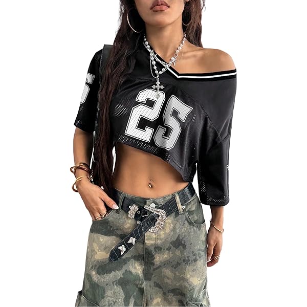 Verdusa Jersey Shirts for Women Y2K Oversized Crop Tops Mesh