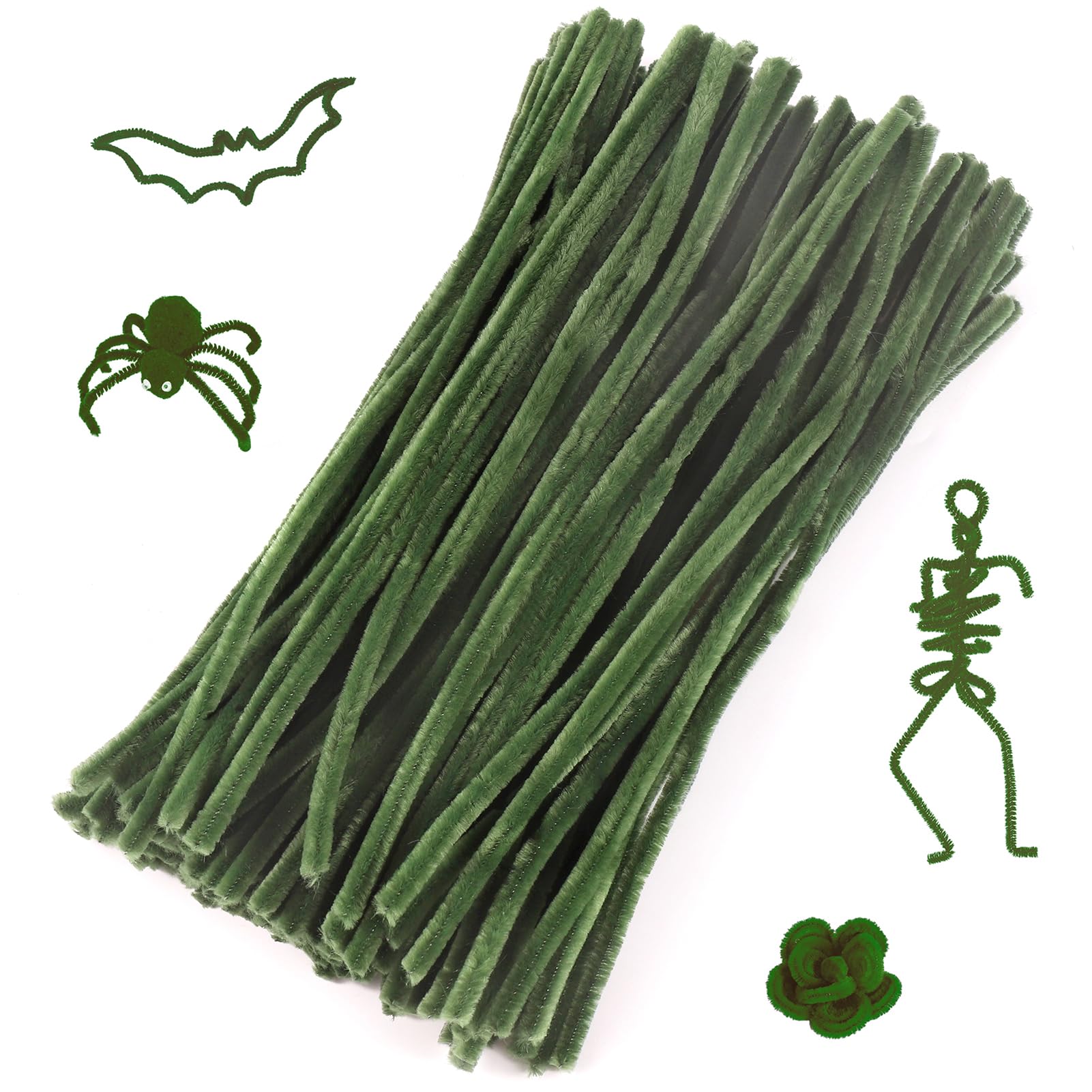 Caydo 100 Pieces Dark Green Pipe Cleaners Craft Supplies Flexible Chenille Stems for DIY Crafts Project and Decoration, 6 mm x 30 cm