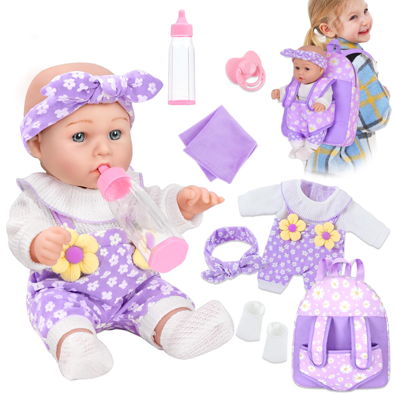 Photo 1 of 12" Flower Pattern Baby Doll With Backpack Carrier Can Store Clothes and Accessories,12 Inch Baby Dolls Set In Gift Box With Hanky Pacifier Bottle Pretend Baby Care Toy For Girl Child Toddler 3+ Gifts