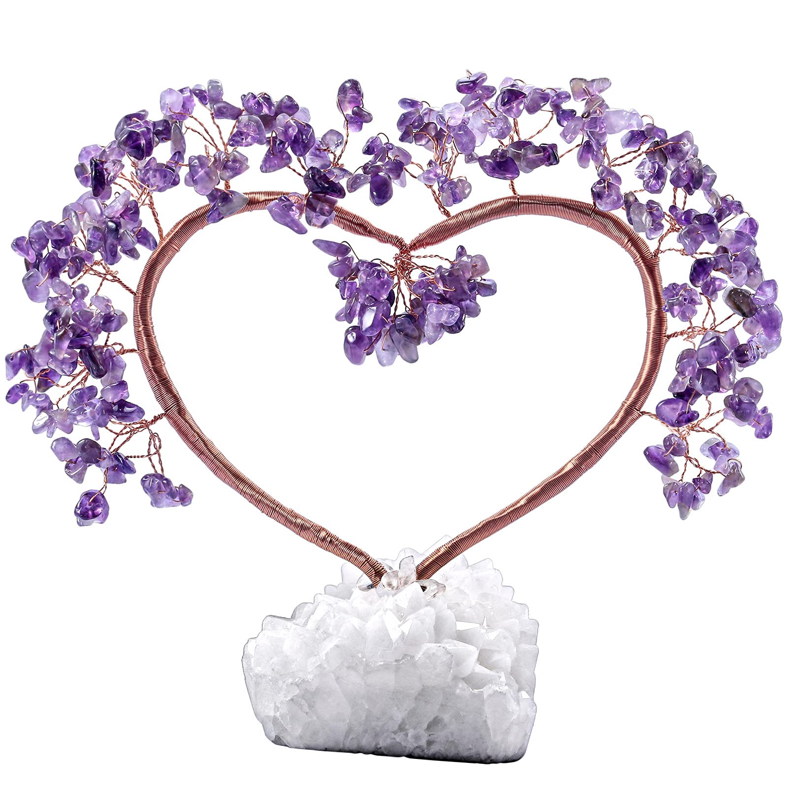 Nupuyai Amethyst Crystal Tree with Rock Crystal Cluster Base, Love Heart Money Tree Figurines Fengshui Ornament for Home Office Wedding Decor 16-20cm High