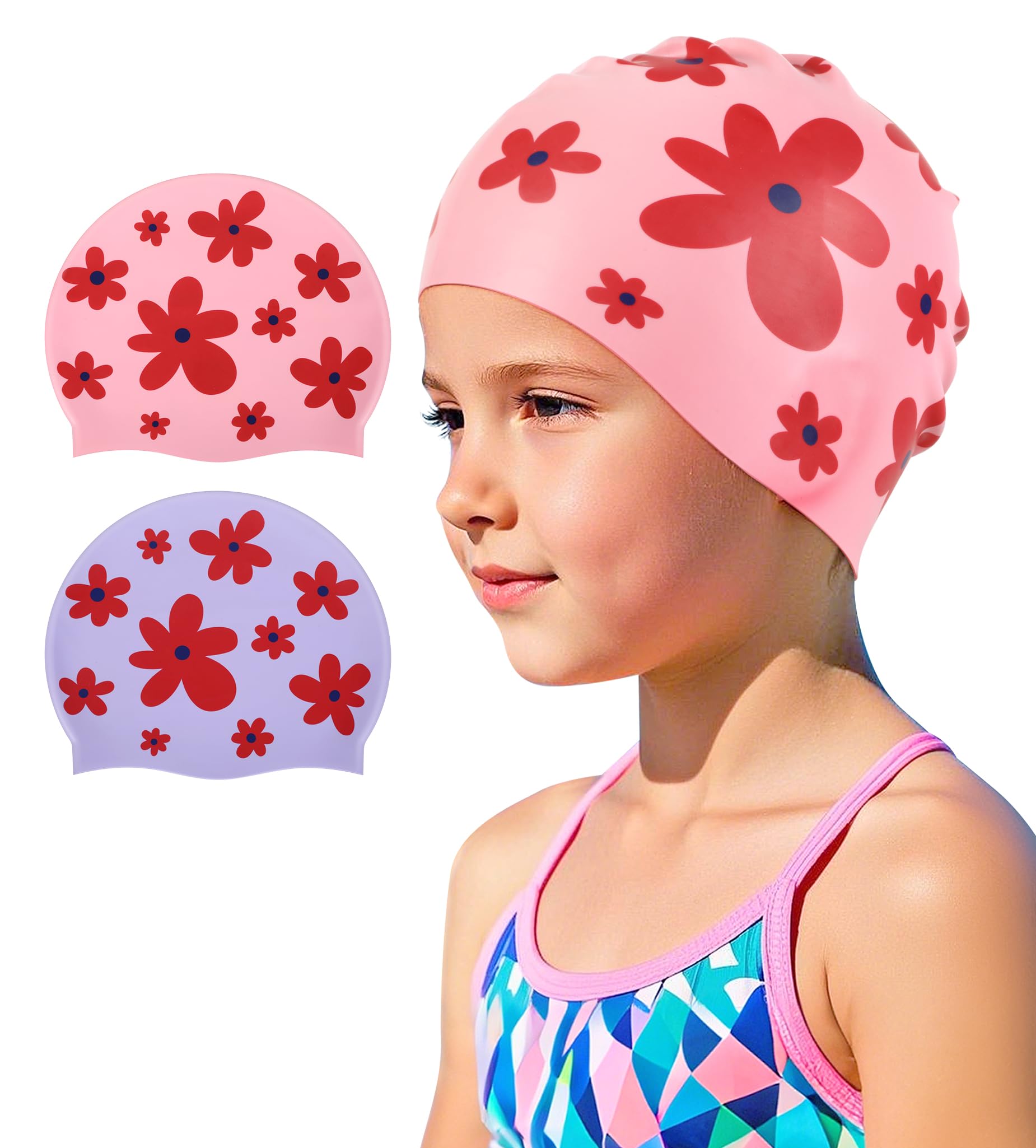 Photo 1 of Vorshape Swim Cap 2 Pack for Kids Aged 3-8, Durable Waterproof Swimming Caps for Girls Boys Teens Toddlers, Long Hair, Silicone, Pink & Purple Pink Flower