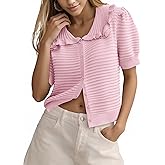 Cicy Bell Womens Ruffle Cardigan Sweater Puff Short Sleeve Button Up Eyelet Tops Ribbed Knit Peter Pan Collar Cardigans