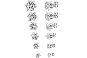 monochef 6 Pairs Stud Earrings Set, Hypoallergenic Clear Cubic Zirconia 316L Earrings Stainless Steel CZ Earrings for Women for Men 3-8mm, silver