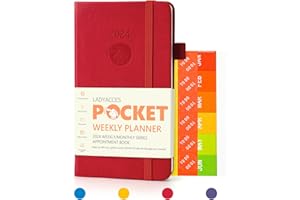 2024 Pocket Calendar by LADYACCES 2024 Weekly and Monthly Planner for Purse, Small Agenda 2024 with Vegan Leather Hard Cover, Elastic Closure, Inner Pocket, Pen Hold, Book Markers - 3.5" x 6" - Red