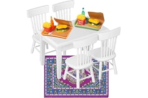 USNYABNI 18Pcs Dollhouse Furniture Set, 1/12 Dollhouse Decoration 1Pc White Wooden Dining Table and 4Pcs Chair, 1Pc Mini Carpet Turkey Rugs, 2 Sets Dinner Plate for Kids Gift