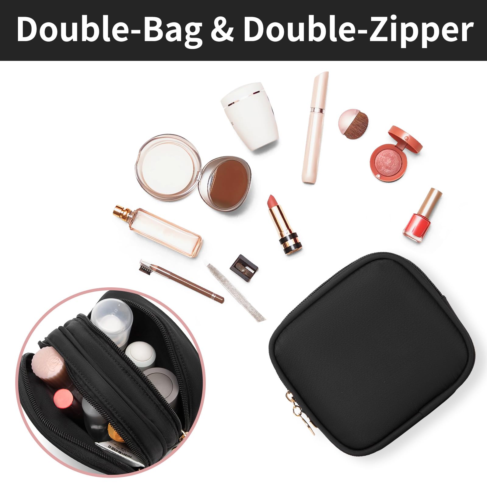 XIAOLER Small Makeup Pouch, Double Zipper Cosmetic Bag, Travel Makeup Bag, Cute Makeup Bag for Purse, Mini Toiletry Bag (Black)