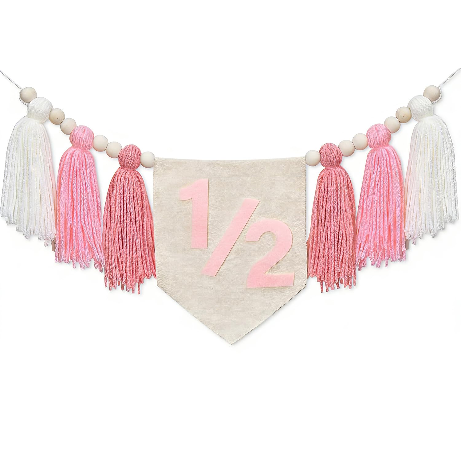 Birthday Boy Half Birthday Decorations High Chair Banner, 6 Month Tassel Wood Bead Highchair Garland Blue (Half Pink B)