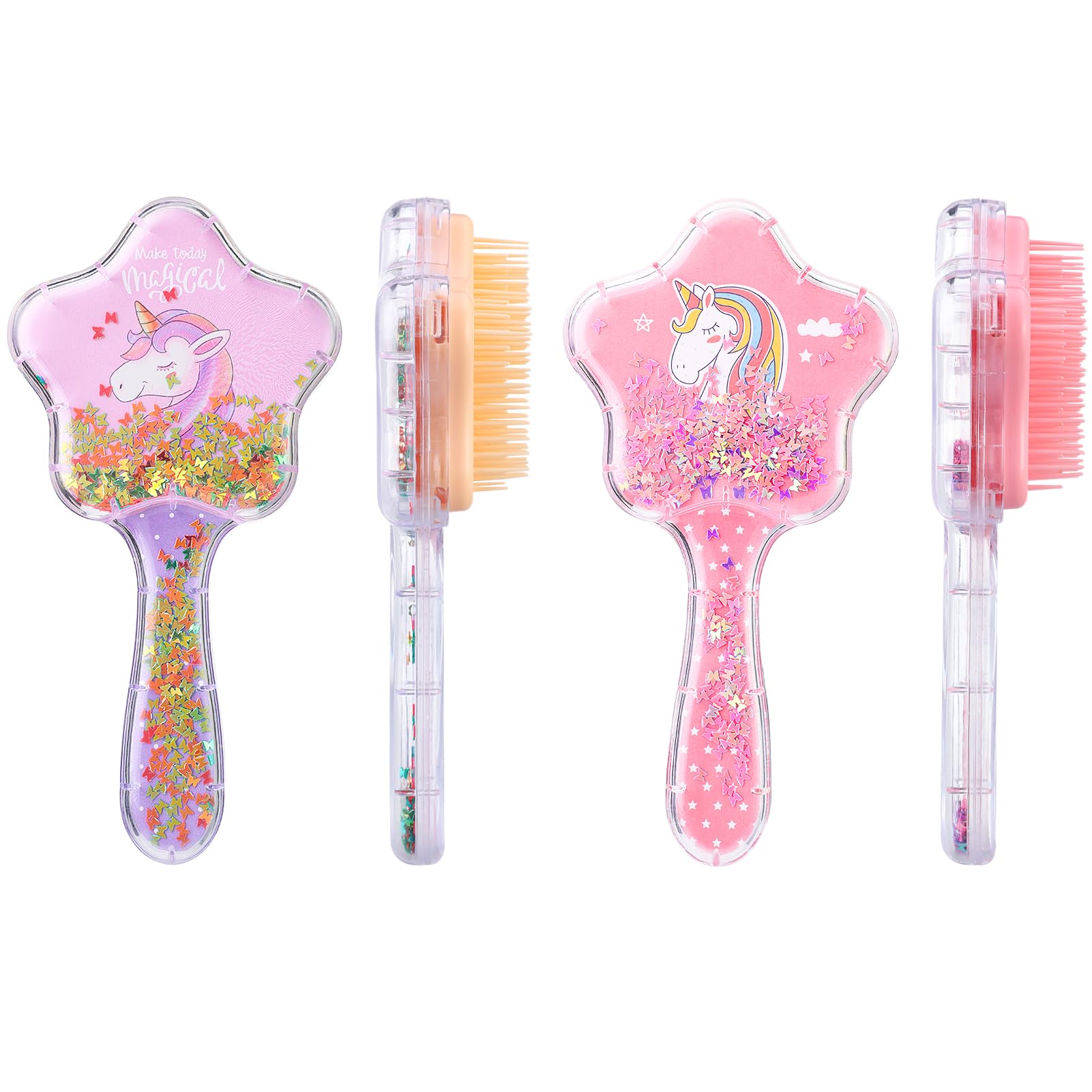 Meng Jiaran 2-Pack Toddler Hair Brush Set - Unicorn Design with Rainbow Sequin, Detangle & Paddle Brush for Curly & Straight Hair