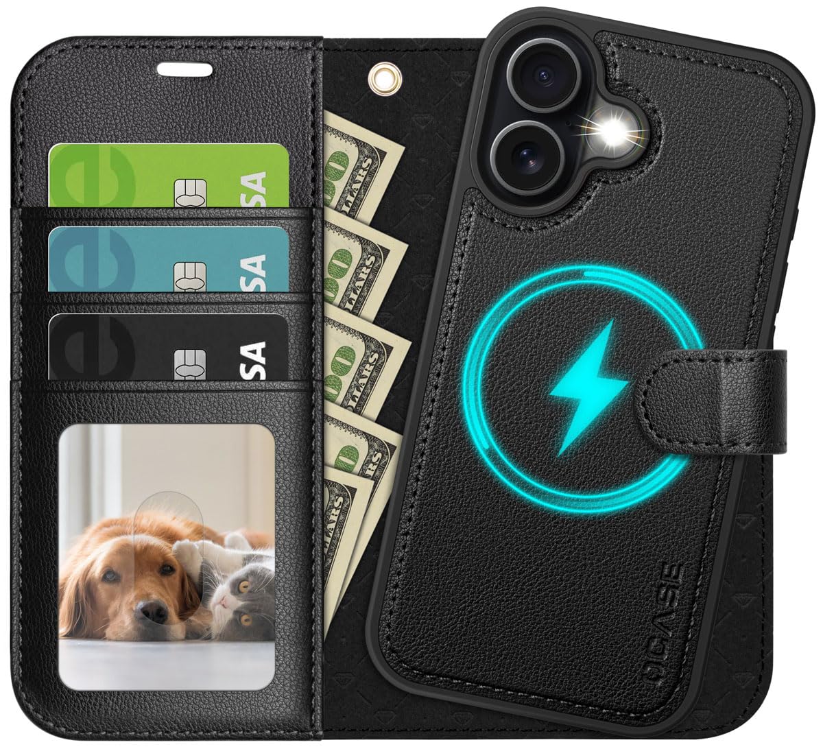 OCASE for iPhone 17 Detachable Wallet Case with Card Holder, 2 in 1 PU Leather Flip Folio with RFID Blocking Stand Wrist Strap Shockproof Phone Cover 6.3 Inch 2025, Litchi Black