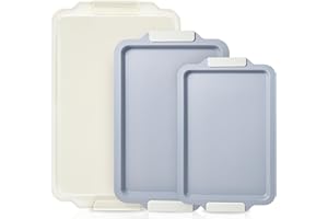 BRONYPRO Non Stick Ceramic Baking Sheet Pan Set of 3, Natural Non Toxic Cookie Sheets for Baking - PFOA, PTFE Free, Heavy Duty Aluminized Steel Oven Trays for Cooking with Silicone Handles, Cream