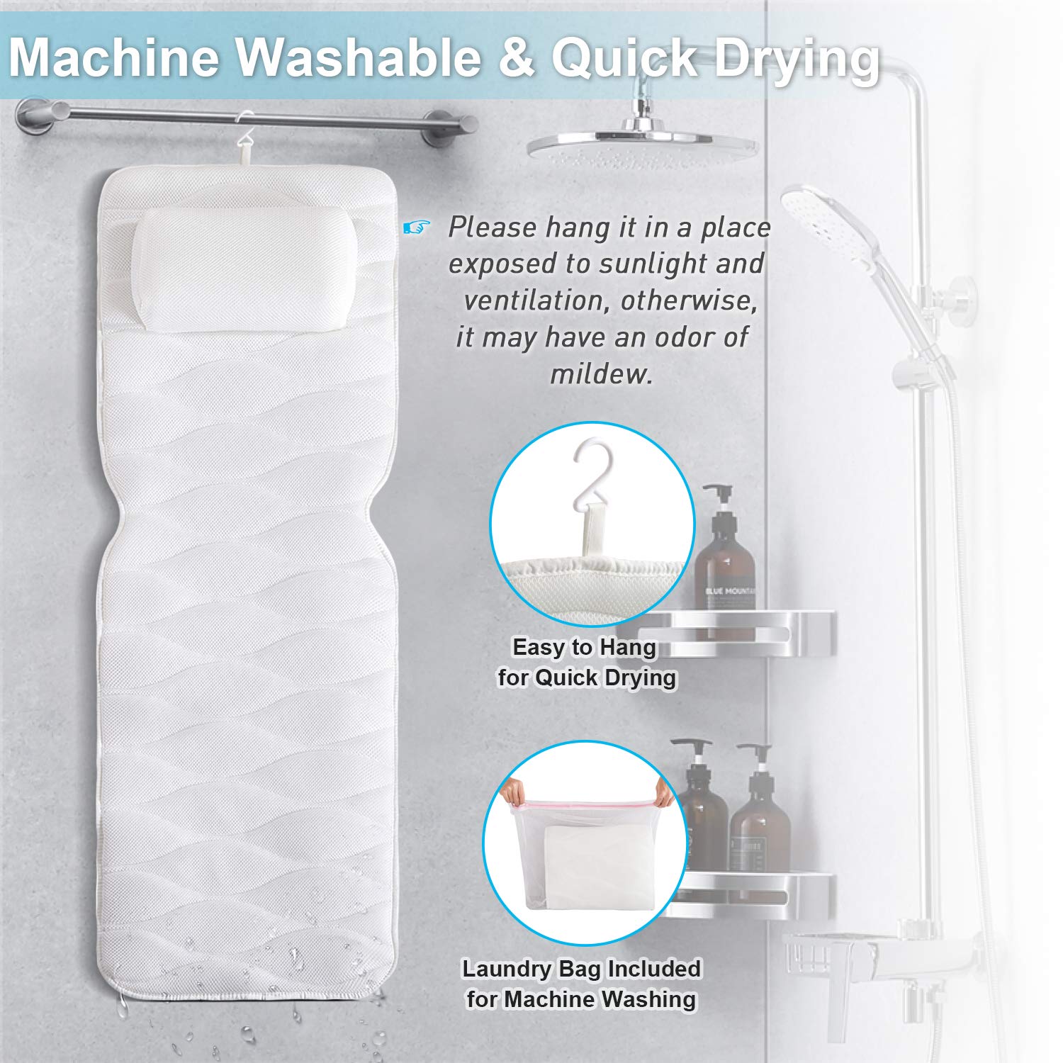 Full Body Bath Pillow, Bath Pillows for tub with Mesh Washing Bag & 17 Non-Slip Suction Cups, Spa Bathtub Pillow for Head Neck Shoulder and Back Support - 3D Air Mesh & Quick Drying : Beauty