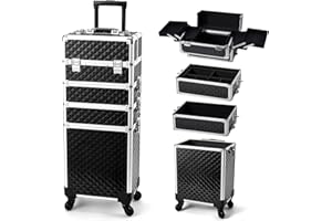 Yueieoun Professional Rolling Makeup Case with Wheels, 4-in-1 Makeup Train Case, Cosmetic Makeup Trolley Cart Travel Cosmetol