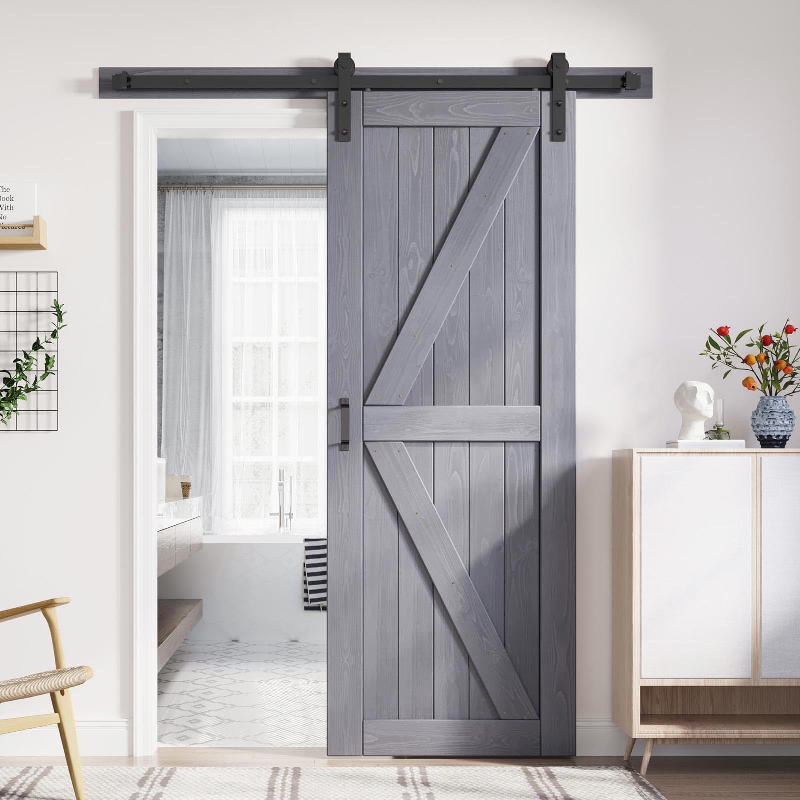 Photo 1 of **MINOR CORNER DAMAGE**FREDBECK 32in x 84in Gray Wood Barn Door Slab with 5.5ft (66inch) Barn Door Hardware Track Kit Included, Double Surfaces,Simple Assembly is Required,K-Frame,Grey