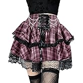 Sunidol Womens Gothic Mini Skirt Tie Waist Lace Up Fluffy Double Layered Ruffles Y2k Punk Skirts with Chain