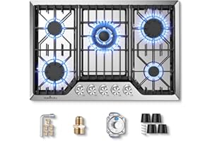 Maharlika 30 Inch Gas Cooktop, Gas Stove Top Bulit-in with 5 Burner Stainless Steel Total 41,132 BTU, 30" NG/LPG Convertible Cooktops Dual Fuel, Five Burner Propane Cooktop with Thermocouple Protect