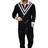 Kubsid Size M Black and White V Mixed Men's Polo Track Suit Sets Long Sleeve Mens Outfits 2 Piece Fashion Sweatsuit Comfy Casual Set for Men