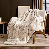 Cozy Bliss Deluxe Sheared Rabbit Faux Fur Throw Blanket, Soft Fuzzy High-Low Sculpted Plush Blanket for Couch, Cozy Home Accent, All Season Use, Beige 50"x60"