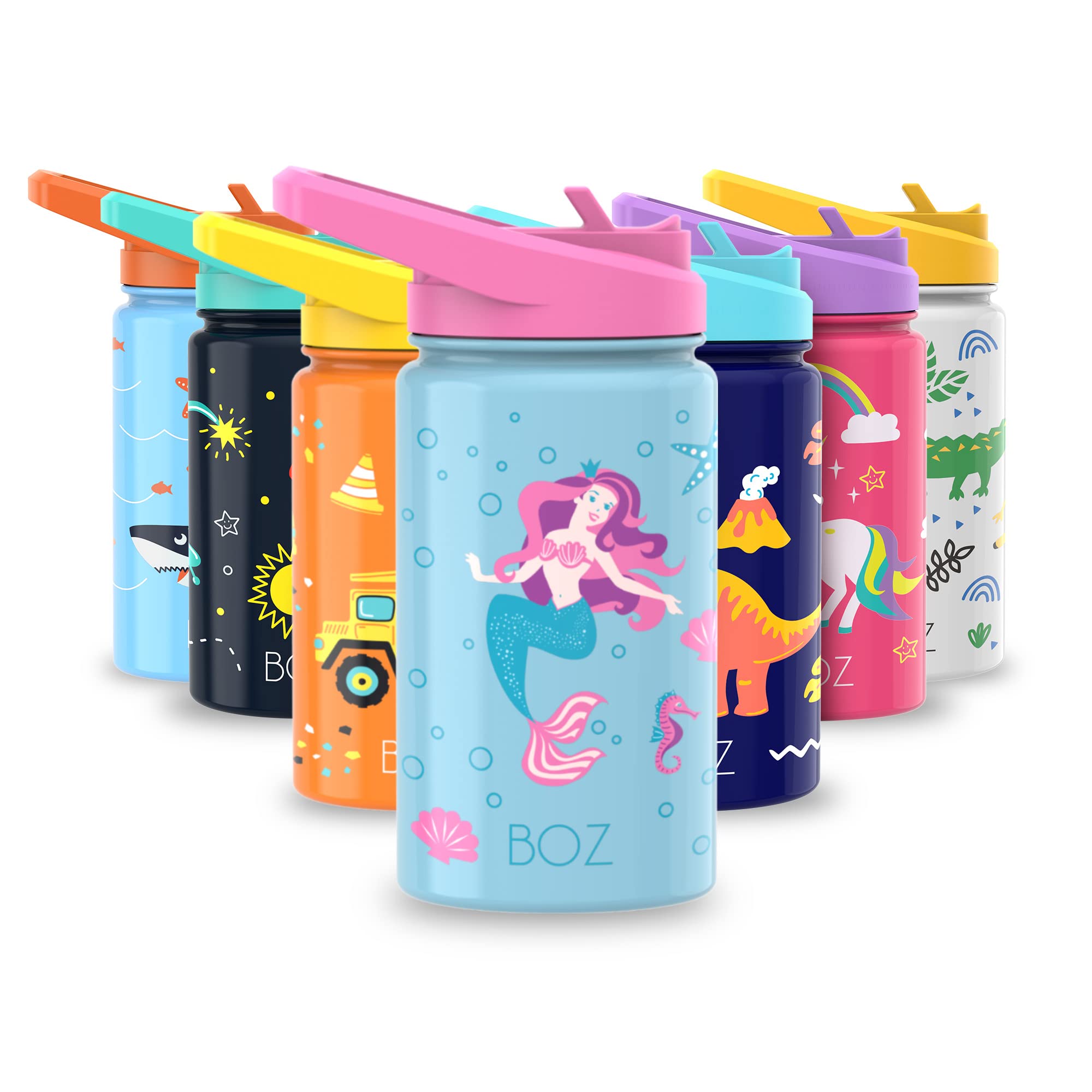 BOZ Kids Insulated Water Bottle with Straw Lid, Stainless Steel Vacuum Double Wall Water Cup, 14 oz (414ml). Scratch-Resistant Cute Print and Carry Handle, BPA-Free and Dishwasher-Safe (Mermaid) — image 1