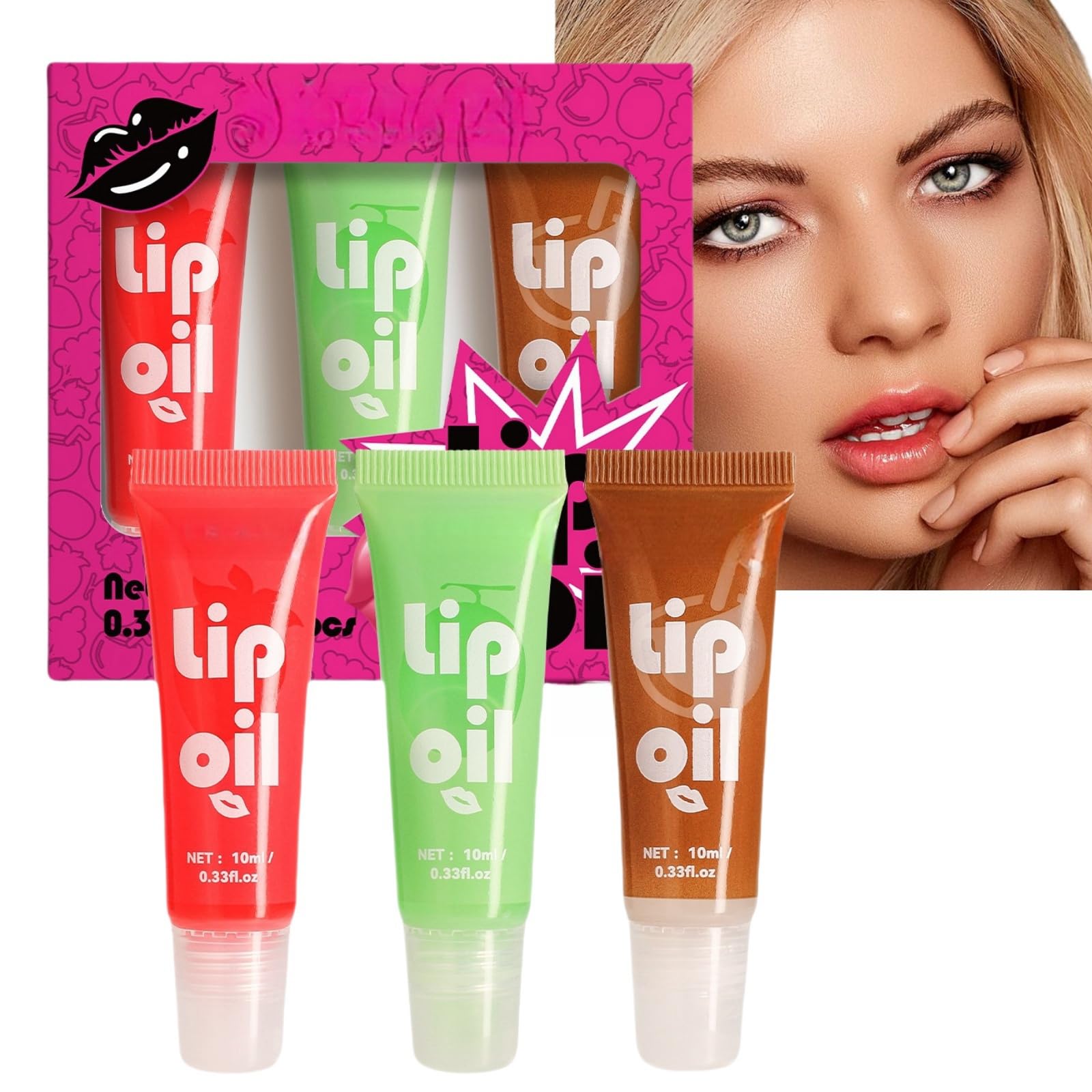 3PCS Moisturizing Lip Oil Set,Plumping Lip Oil Kit,Tinted Lip Oil Light Lip Gloss,Jelly Liquid Lipstick Lip Gloss,Long Lasting Lip Glow Balm Lip Care,Shimmer Liquid Lipsticks(Strawberry Melon Coconut)