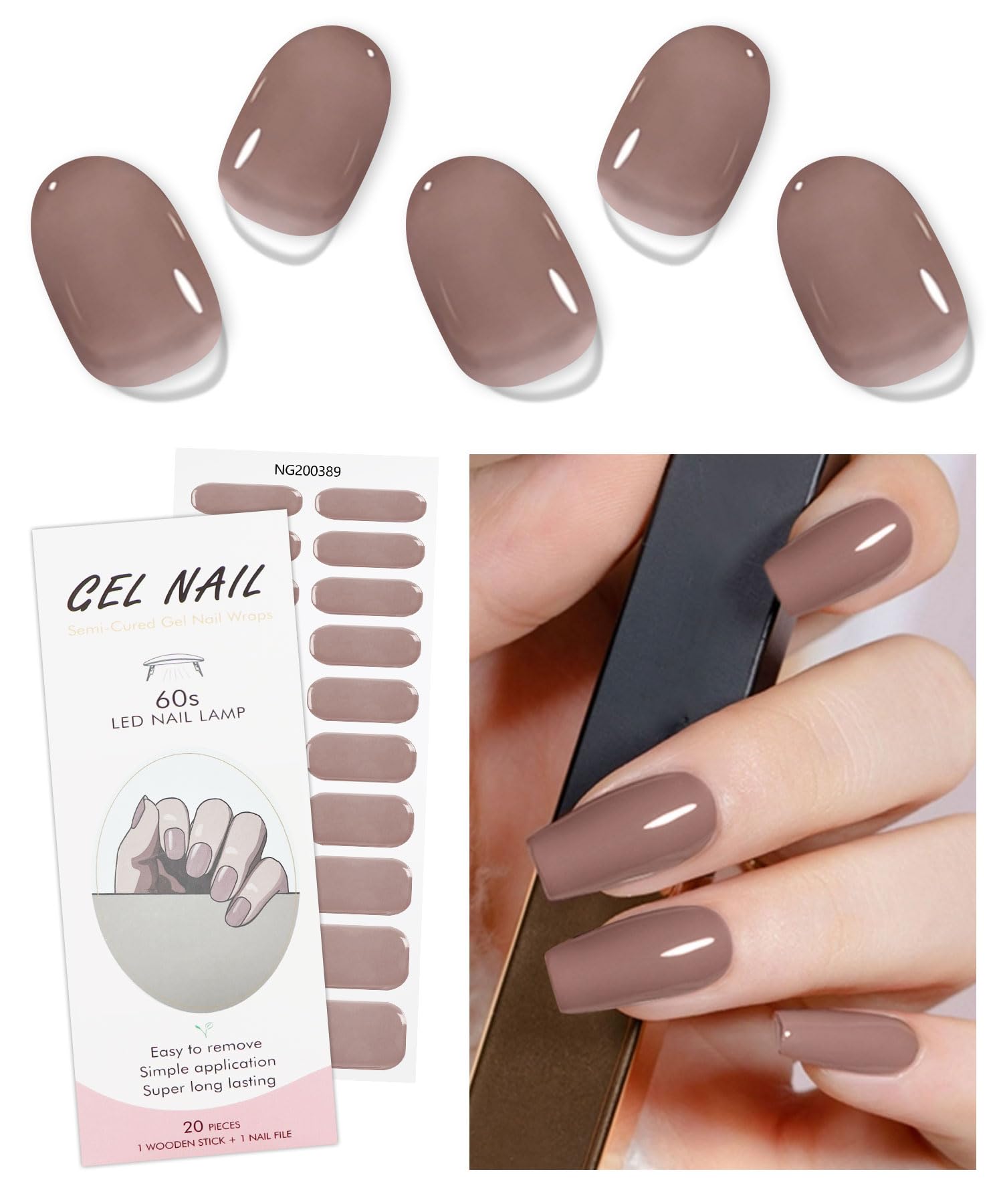 JMEOWIO Semi Cured Gel Nail Strips Brown Cream Stickers Art Design Decoration Accessories Supplies