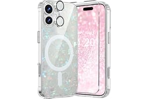 WATEFULL for iPhone 16 MagSafe Iridescent Case Glitter Sparkly, Opal Pearly Bling Magnetic Translucent Bumper Case + 1 Screen 1 Camera Lens Protector for Women Girl iPhone 16 6.1" (Colorful Opal)