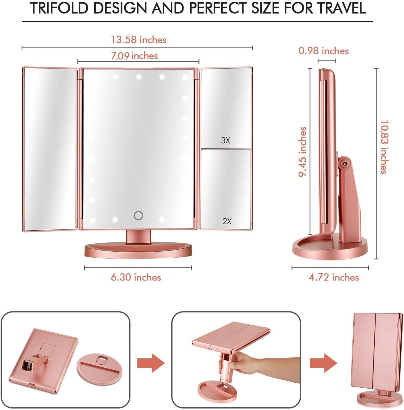 Flymiro Tri-fold Lighted Vanity Makeup Mirror with 3x/2x Magnification,21 LEDs Light and Touch Screen,180 Degree Free Rotation Countertop Cosmetic Mirror,Travel Makeup Mirror (Rose Gold): Home & Kitchen