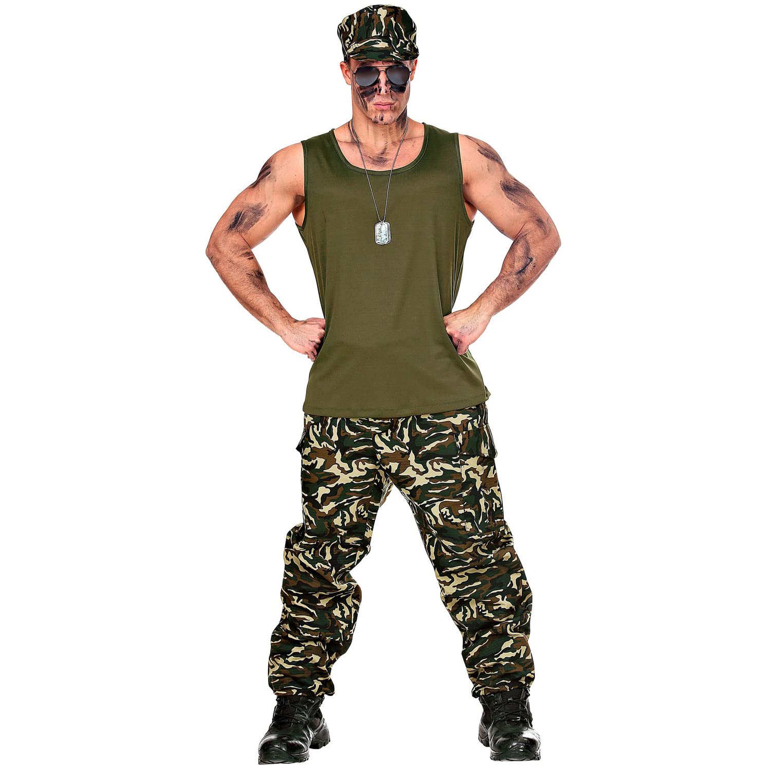 Widmann - Soldier Costume, Tank Top, Trousers, Baseball Cap, Carnival, Theme Party