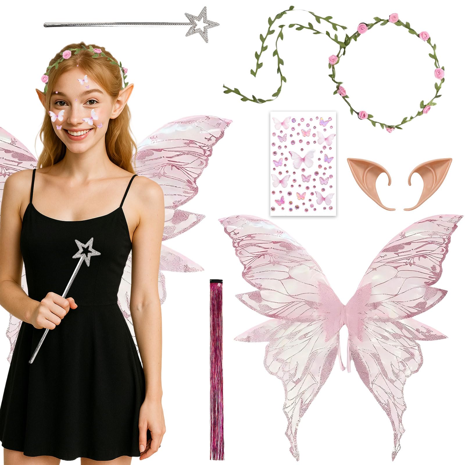 MUNSKT Fairy Wings Adult,Angel Costume Accessories,Butterfly Wings, Elf Ears Flower Headband Magic Wand,Fancy Dress Up Costumes for Halloween Party Cosplay (Pink) — image 1
