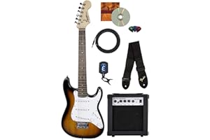 Fender Squier 3/4-Size Kids Mini Strat Electric Guitar - Brown Sunburst Bundle with Amplifier, Cable, Tuner, Strap, Picks, Online Lessons, and Austin Bazaar Instructional DVD